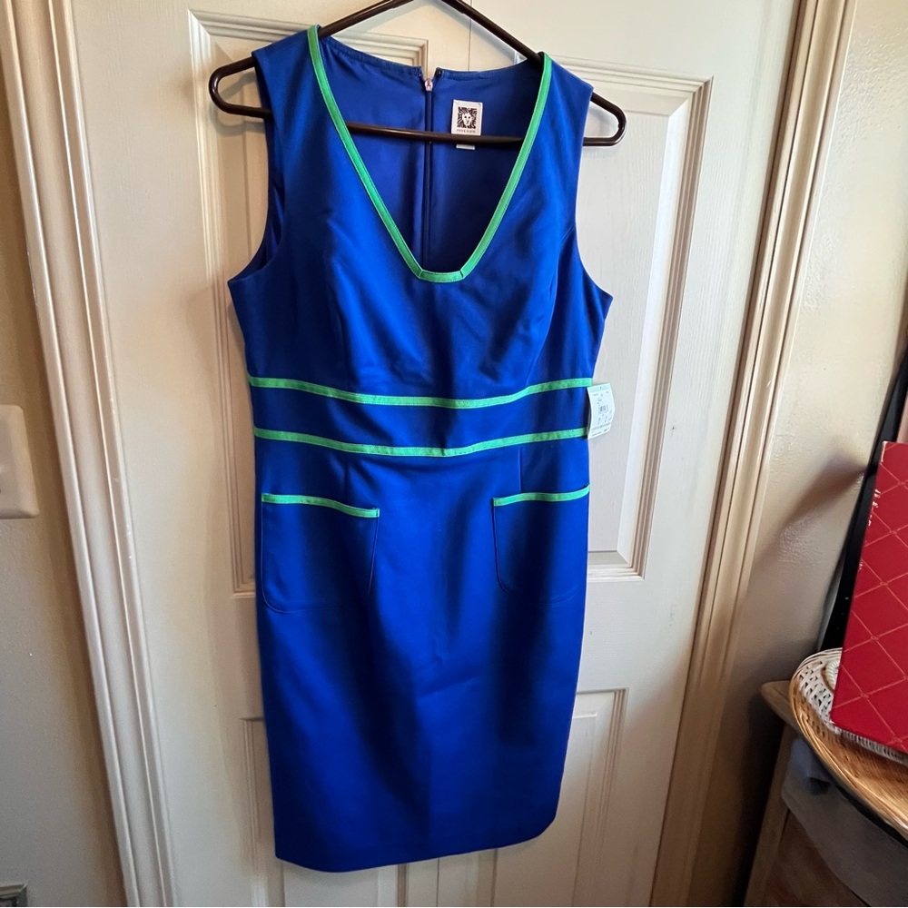 Anne Klein Azure Blue Sheath Dress with Green Trim – Size 8 (NWT) - Picture 2 of 10
